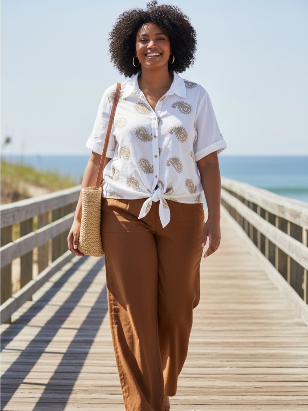 Laura’s White Tie-Front Tan Paisley Embroidered Print Short Sleeve Button Down